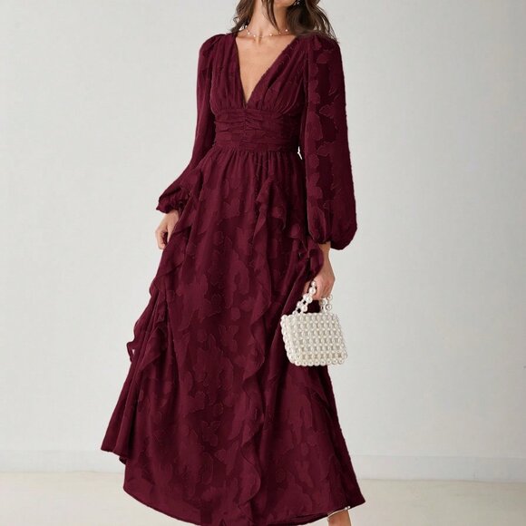 Burgundy Elegant Women's V-Neck Lantern Sleeve Flounce Hem Maxi Dress - Picture 5 of 8